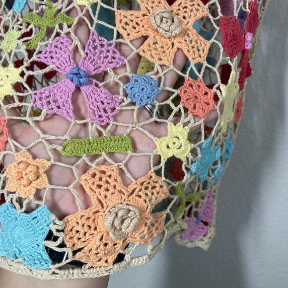Kenar Womens Size Small Crochet Top Blouse Multicolor Floral Cotton Cap Sleeves - Picture 4 of 5